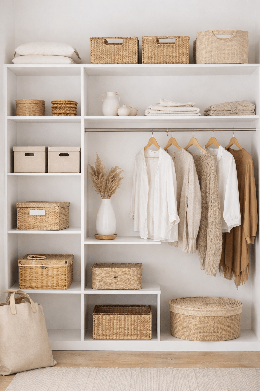 Neatly organized closet with white shelving, woven storage baskets, and clothing in soft neutral tones.